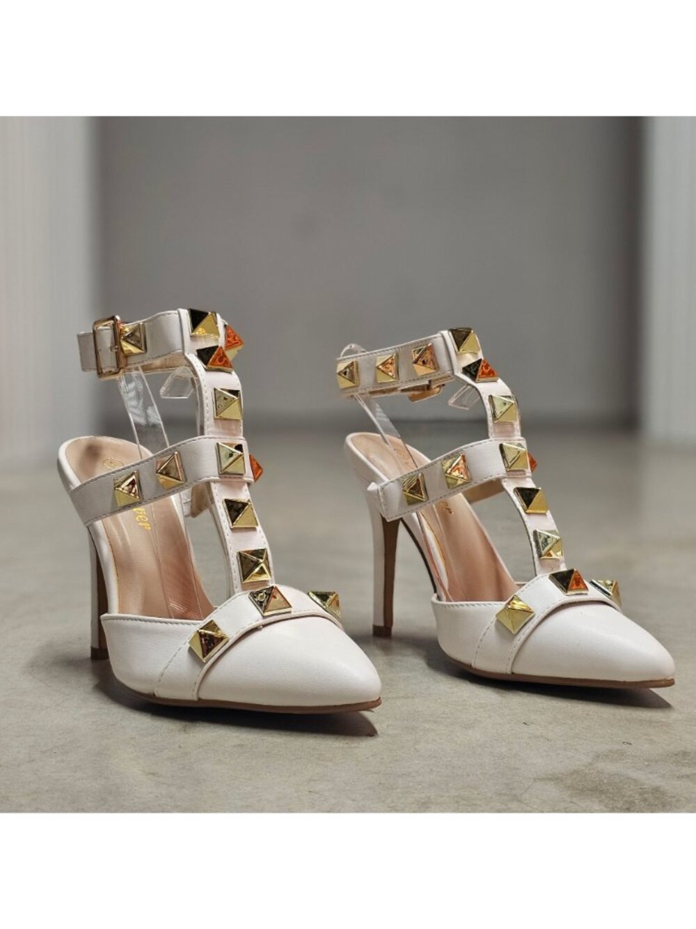 White Studded Pointed-Toe High Heels With Adjustable Buckle Strap & T-Strap Desi - Picture 8 of 15